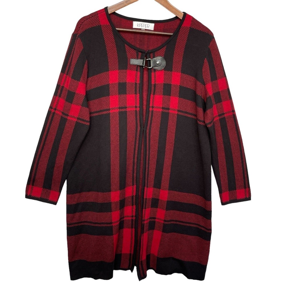 Kasper Cardigan Sweater Womens XL Red Black Excellent Plaid Buckle Longline Knit